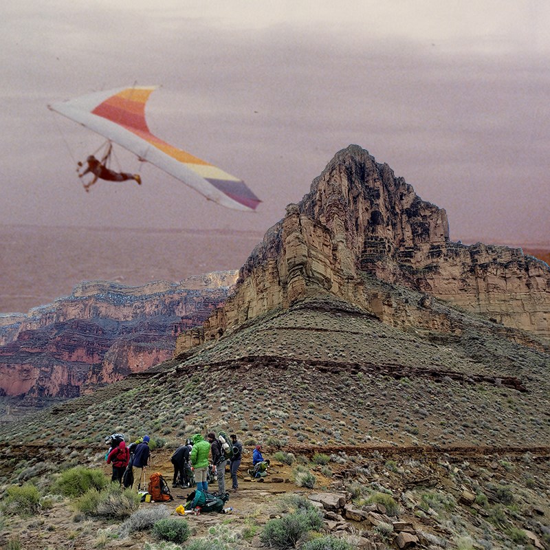 An image of a hang glider in the 70s juxtaposed with a photo of UML students hiking the Grand Canyon today