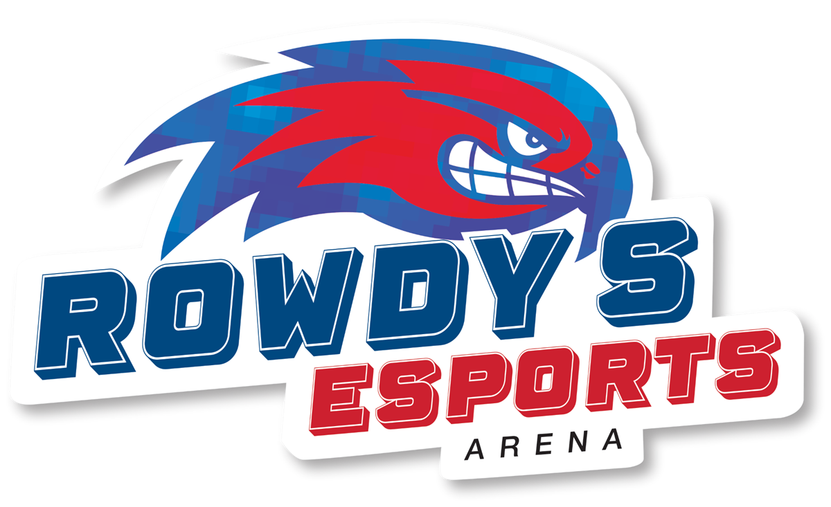 Rowdy's Esports Arena logo with red and blue River Hawk head.