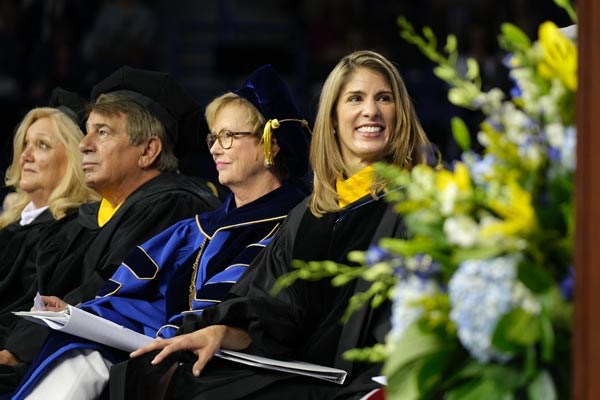 Keynote speaker and Congressman Lori Trahan, right, with Kim Rist, Brian Rist and Chancellor Jacqueline Moloney.