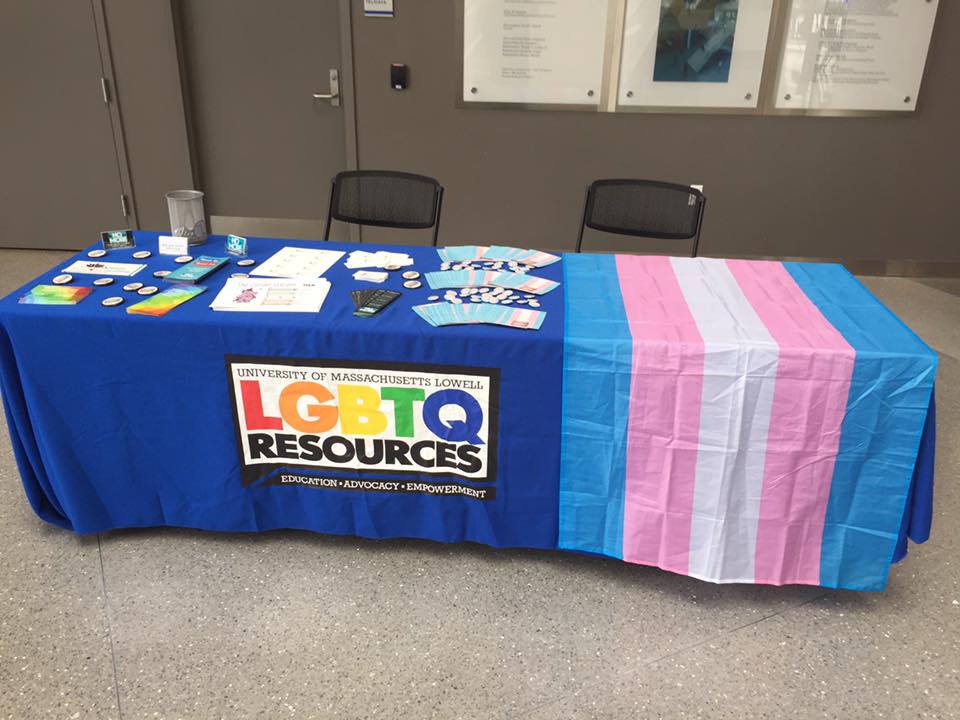 LGBTQ+ Resources table displaying Transgender flag of blue, pink, and white