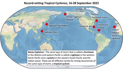Graphic of Earth indicating tropical cyclone activity