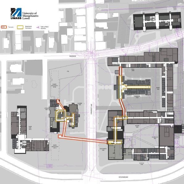 A map of the tunnel system at UMass Lowell