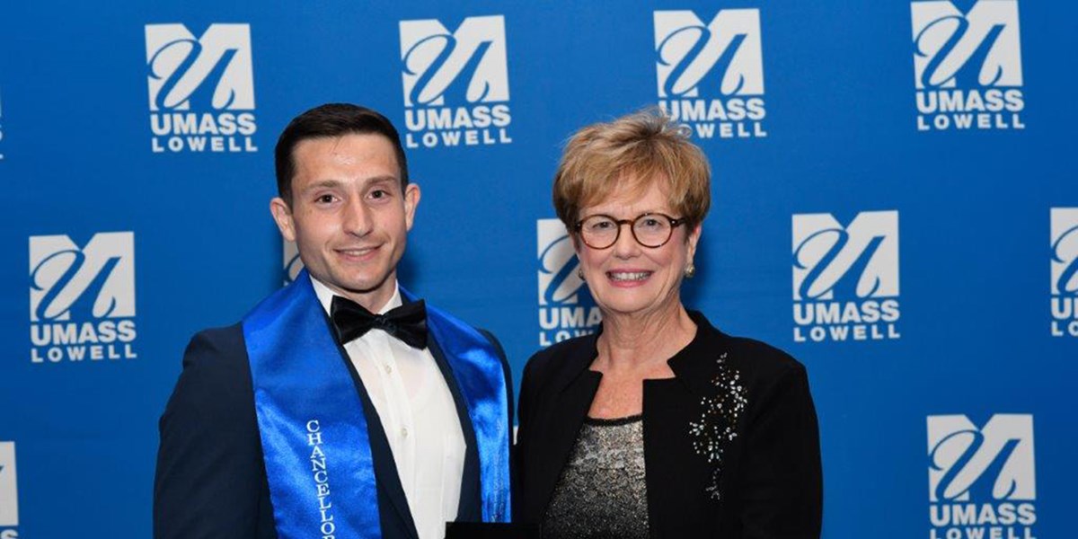 Tyler Davis with Chancellor Jacquie Moloney at Commencement Eve 2019