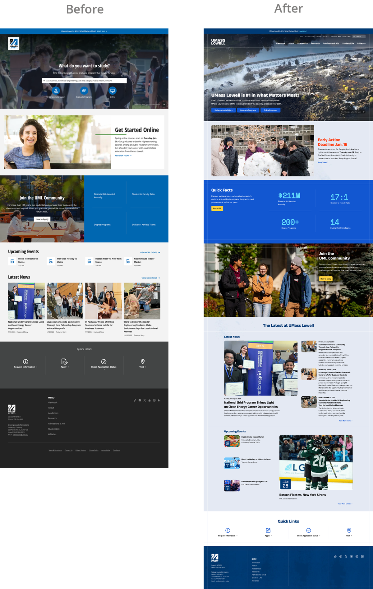 Screenshot showing before-and-after versions of the uml.edu homepage