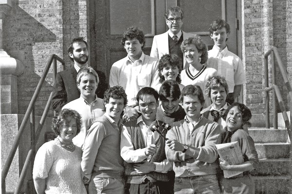 A black and white shot of the UMass Lowell Model U.N. team that took home the first “Best Team” award at Model Arab League in fall 1985. Team included Kathleen Curtin ’86, Roger Cressey '87 and Brian Kenny '87