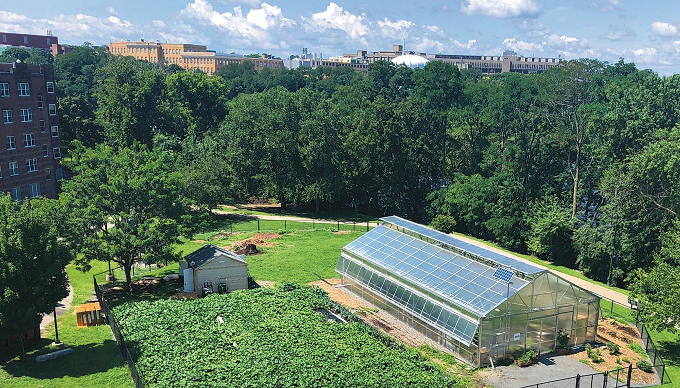 Aerial shot of Rist Urban Greenhouse with Lowell in background