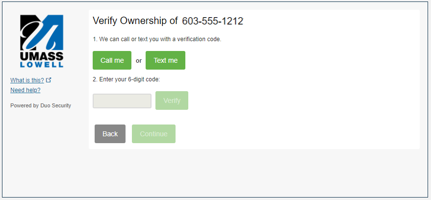 Screenshot asking for which type of verification of ownership of the phone number: call me or text me.