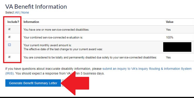 Screenshot of VA website outlined in step 10: On the Benefit Summary Letter page scroll down to the VA Benefit Information section.  There uncheck the "Your current monthly award amount" box.  Leave the other 3 boxes checked.  Then click the "Generate Benefit Summary Letter" link below it.