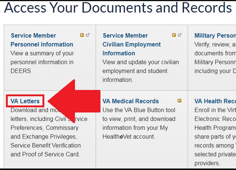 Screenshot of VA website outlined in step 8: From the Access Your Documents and Records page click on the VA Letters section.
