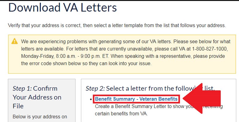 Screenshot of VA website outlined in step 9. From the Download VA Letters page, click on "Benefit Summary – Veteran Benefits" from under the Step 2: Select a letter from the following list heading.