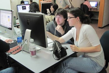 Students work in media center