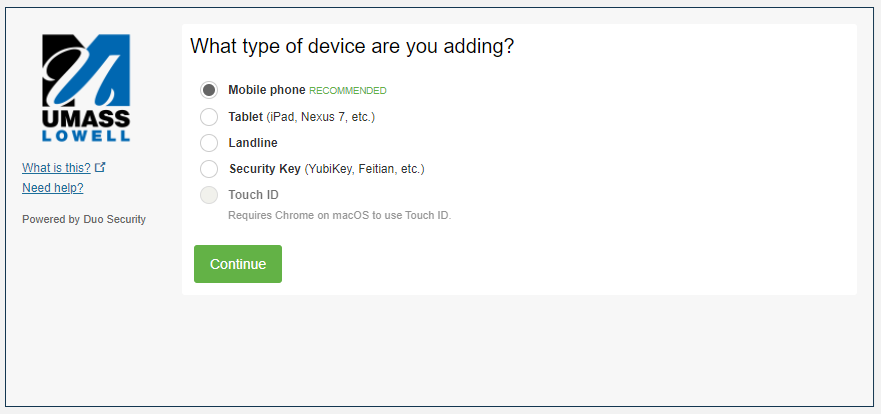 Screenshot showing what device are you adding. Mobile phone (recommended) is checked off.