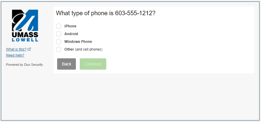 Screenshot showing a question asking what type of phone the entered number is: iPhone, Android, Windows Phone, Other (and cell phones)