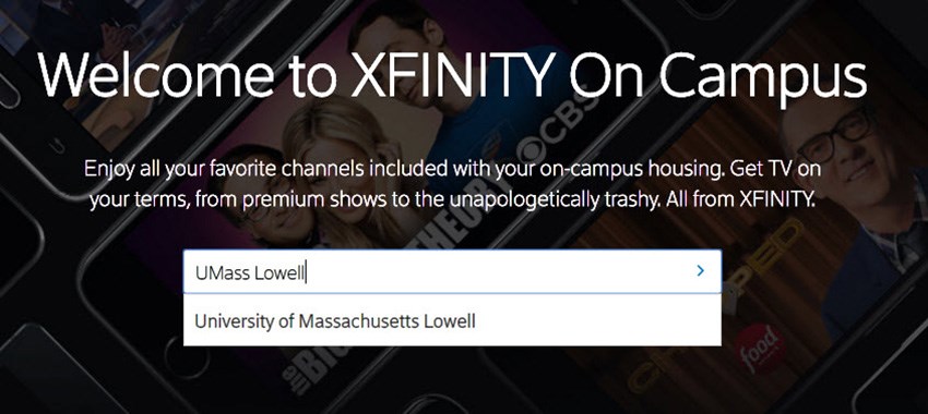 Log-in screen for XFINITY on campus with UMass Lowell typed into the search box.