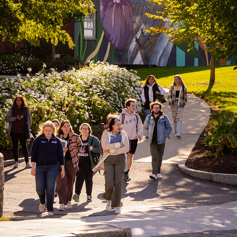 a group of people on a tour of the campus