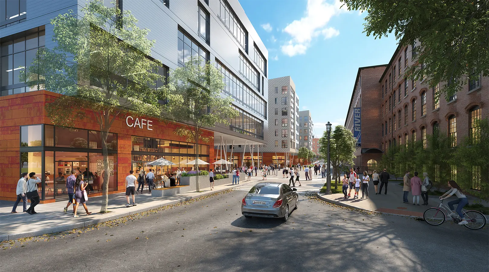 an artist's rendering of the LINC project showing a street, buildings, and pedestrians