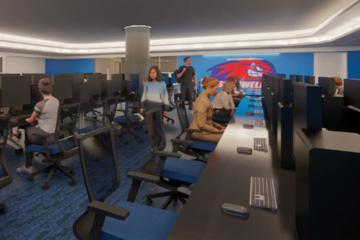an artist's rendering of the eSports Arena showing rows of gaming stations and students