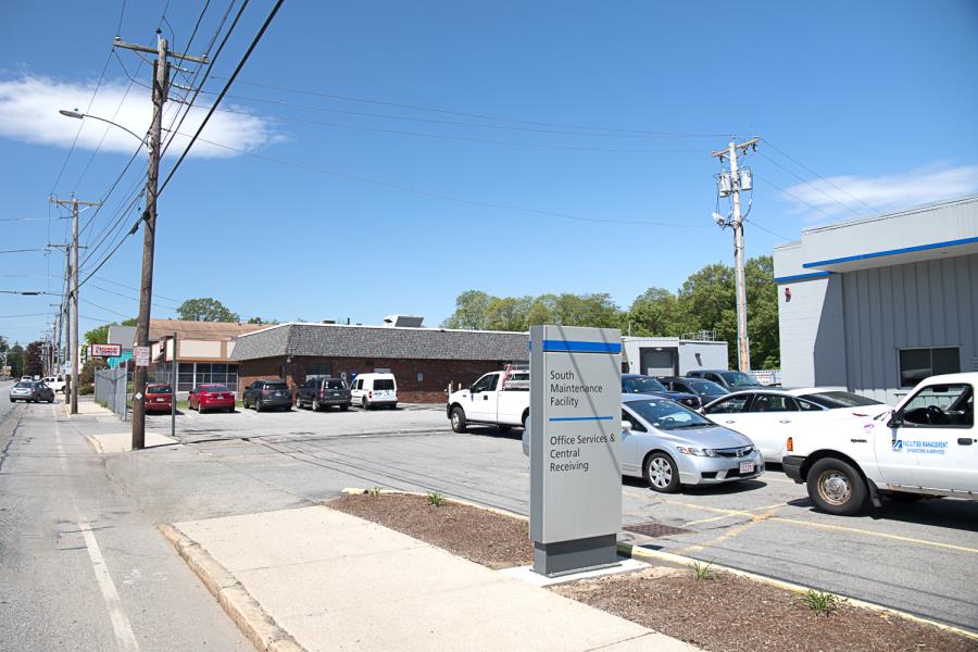 Sign in front of 1499 Middlesex indicating South Maintenance Facility and Central Receiving