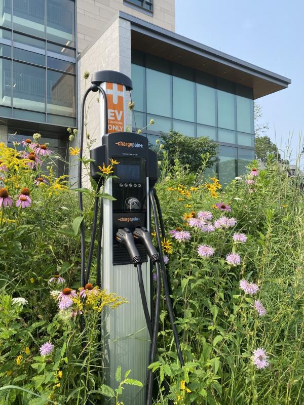Electric vehicle charging station in pollinator garden