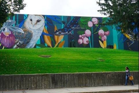 Mural of endangered species on front of Mahoney Hall