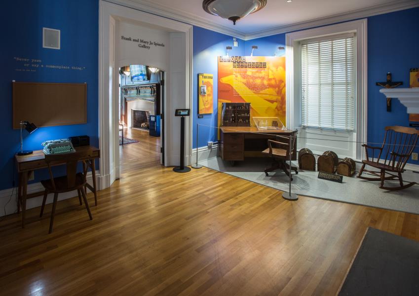 Jack Kerouac's desk and chair in the "Kerouac Retrieved" exhibit in Allen House at UMass Lowell.
