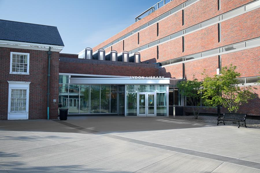 Glass doorway entrance to Lydon Library
