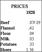 1828 prices of beef, flannel, flour, milk, potatoes and shoes