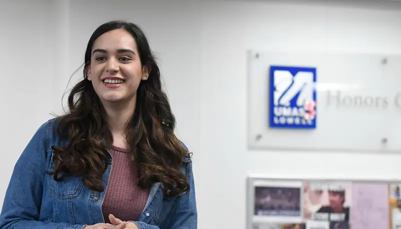 Andrea Patino Galindo in the Honors College office at UMass Lowell
