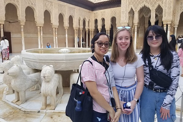 UML students in the River Hawk Scholars Academy: Angelina Khiem, Presley Bennett and Veronica Kang at the Alhambra in Granada, Spain